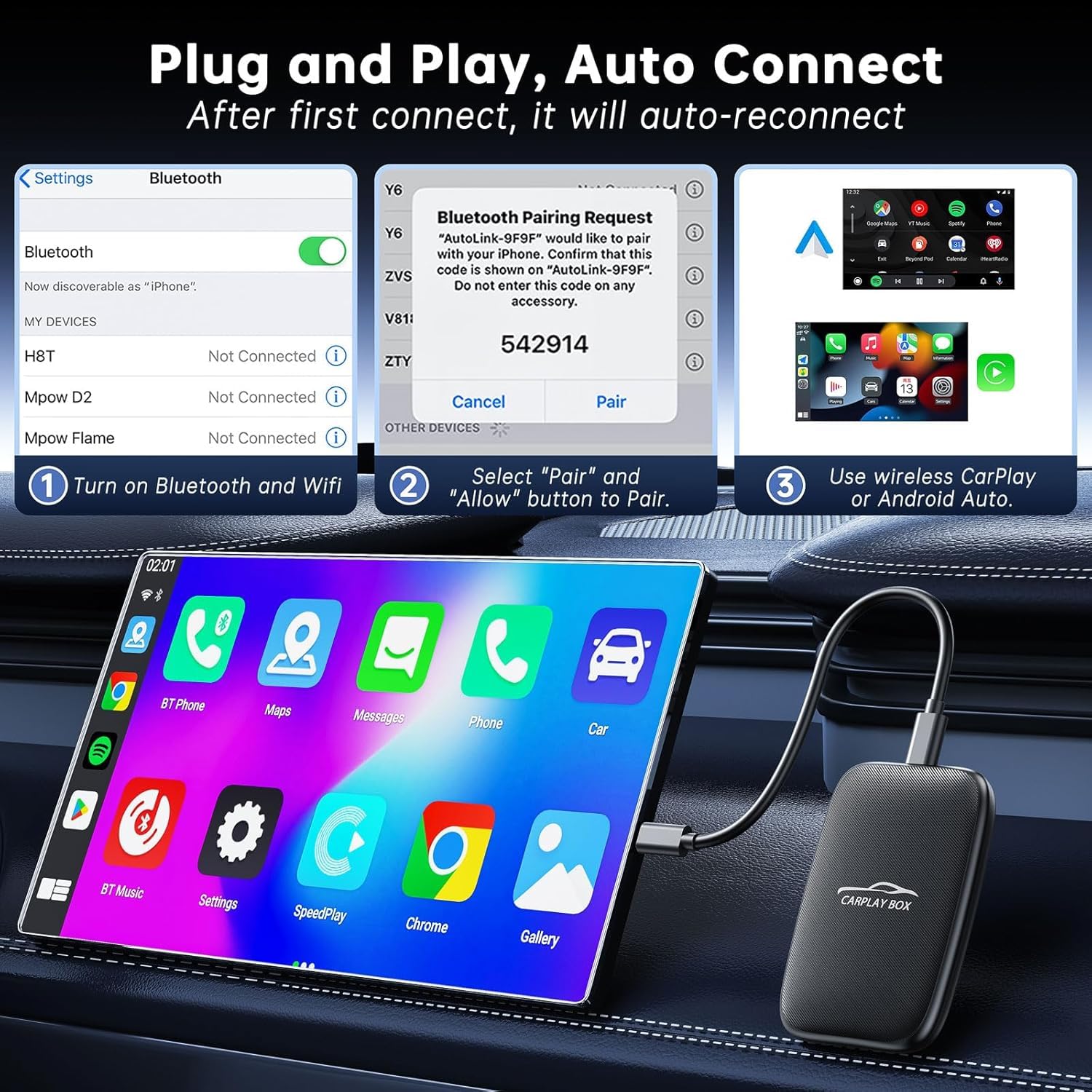 Adaptateur sans fil 5-en-1 CarPlay et Android Auto,Adaptateur CarPlay sans fil avec Netflix, YouTube et carte TF,Plug & Play,Magic Video Ai Box pour véhicules équipés d'Apple CarPlay filaire d'origine