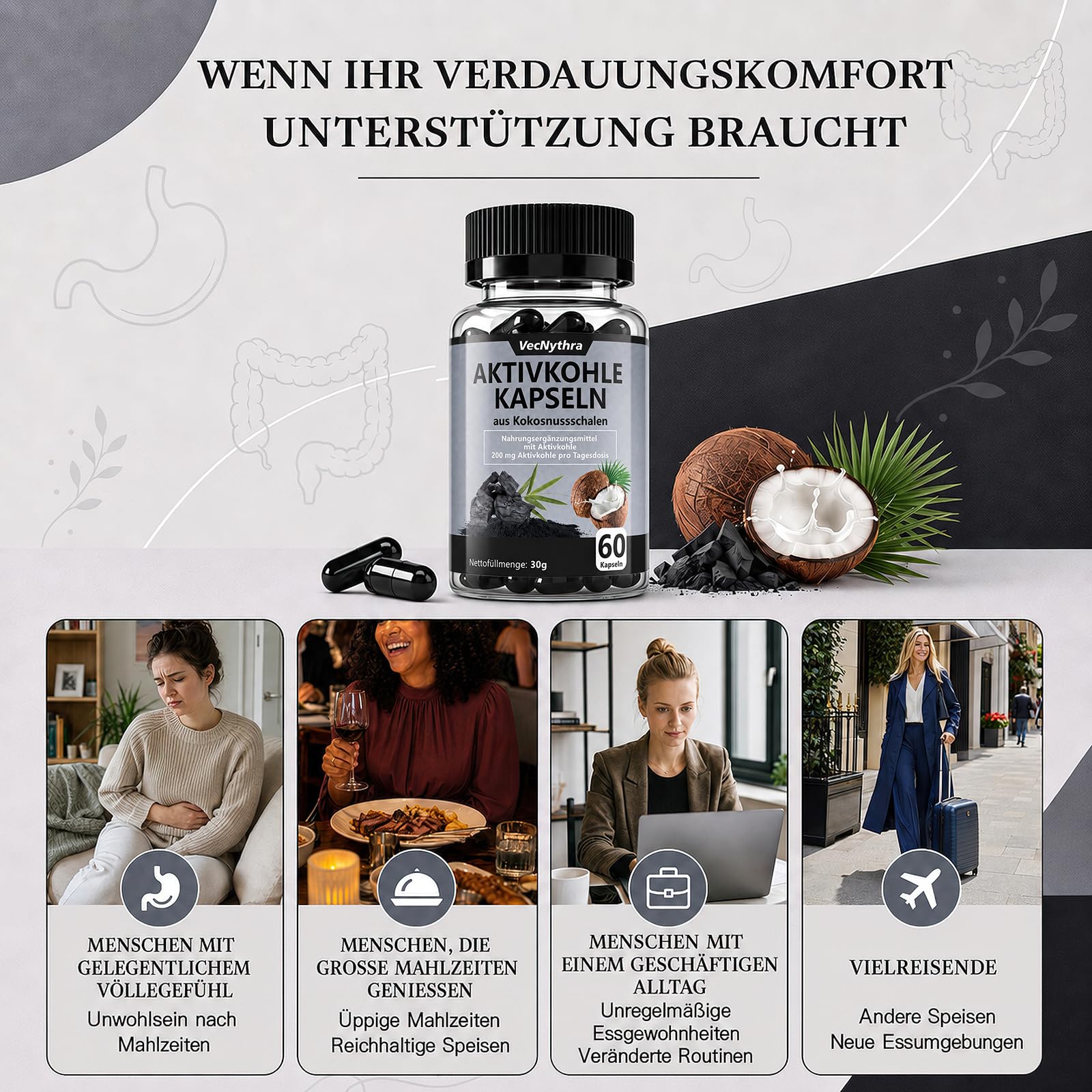 Aktivkohle Kapseln aus Kokosnussschalen, 200 mg Aktivkohle, 60 Kapseln
