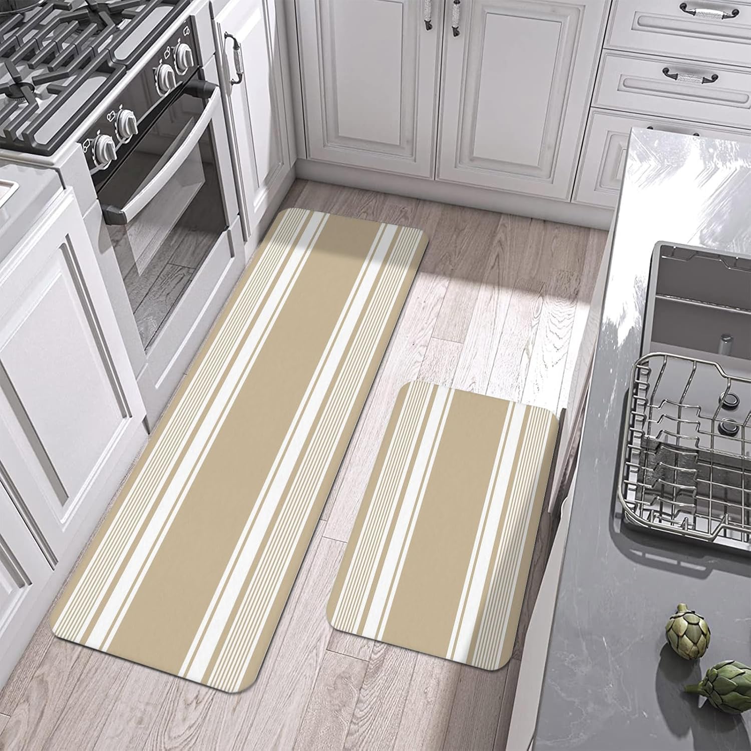 Beige Striped Kitchen Mats Set of 2 Modern Farmhouse Stripe Minimalist Abstract Non Slip Mat Washable Floor Rug for Kitchen Sink Floor Laundry, 15.7"x23.6"+15.7"x47.2"