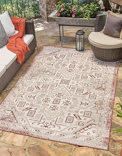 Unique Loom Outdoor Aztec Collection Alfombra de área - Coba (7 pies 1 pulgada x 10 pies, rectangular, rojo óxidomarfil)