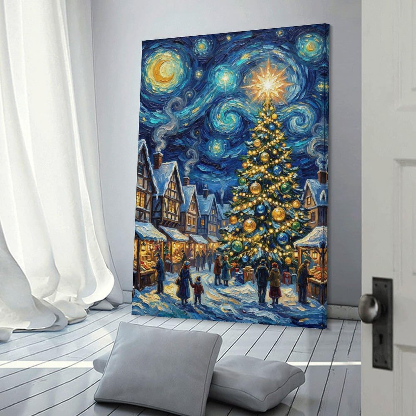 Junmoney Starry Night Christmas Market Painting Van Gogh Style Holiday Art Decorative Canvas Print, 12x18inch(30x45cm), for Gallery Wall Decor And Room Displays, Wall Decor Suited to Curated Displays