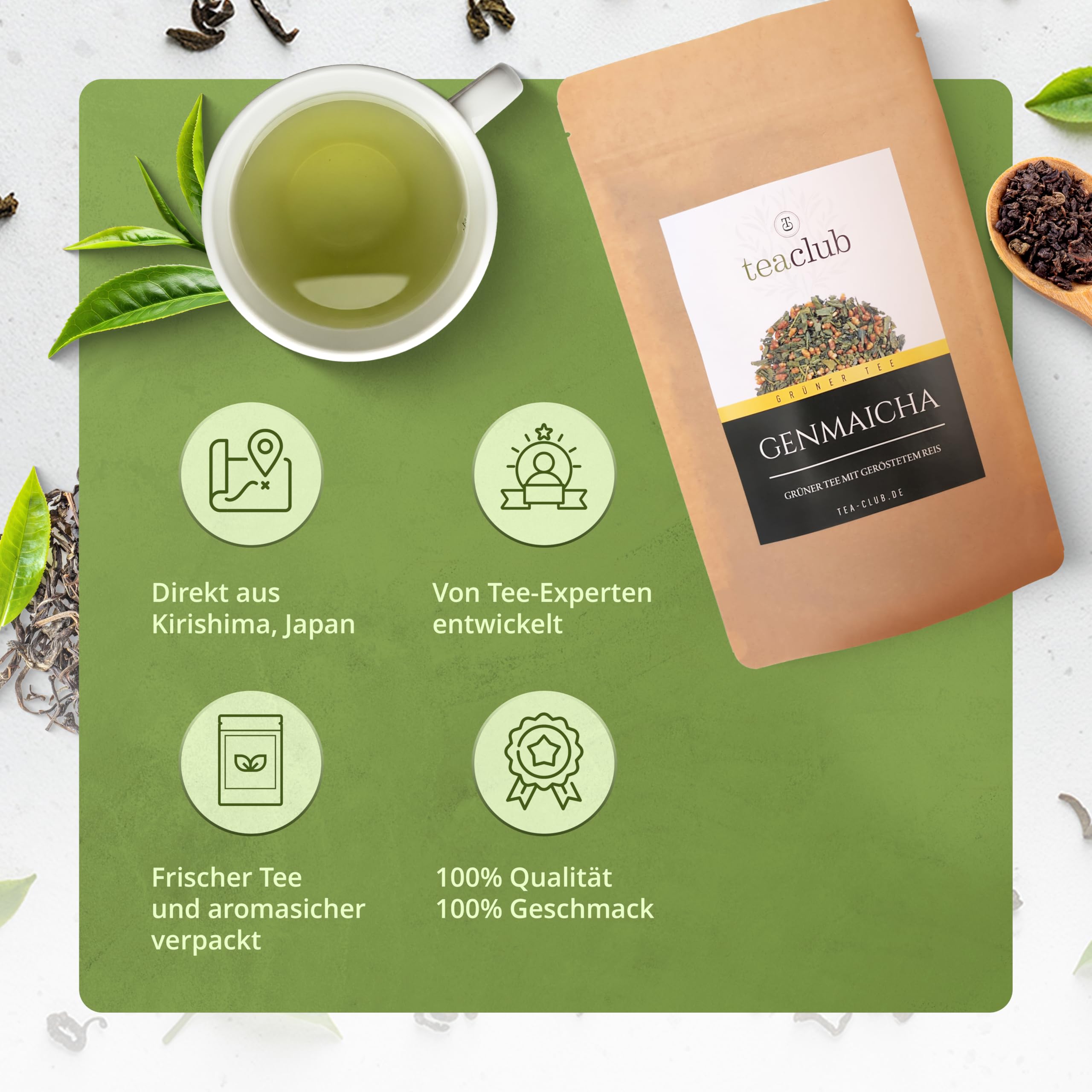 TeaClub Tè Genmaicha Sfuso 500g – Tè Verde Giapponese con Riso | Tè verde giapponese con riso, aroma delicato di nocciola, azienda familiare Kirishima, tè verde lavorato con cura