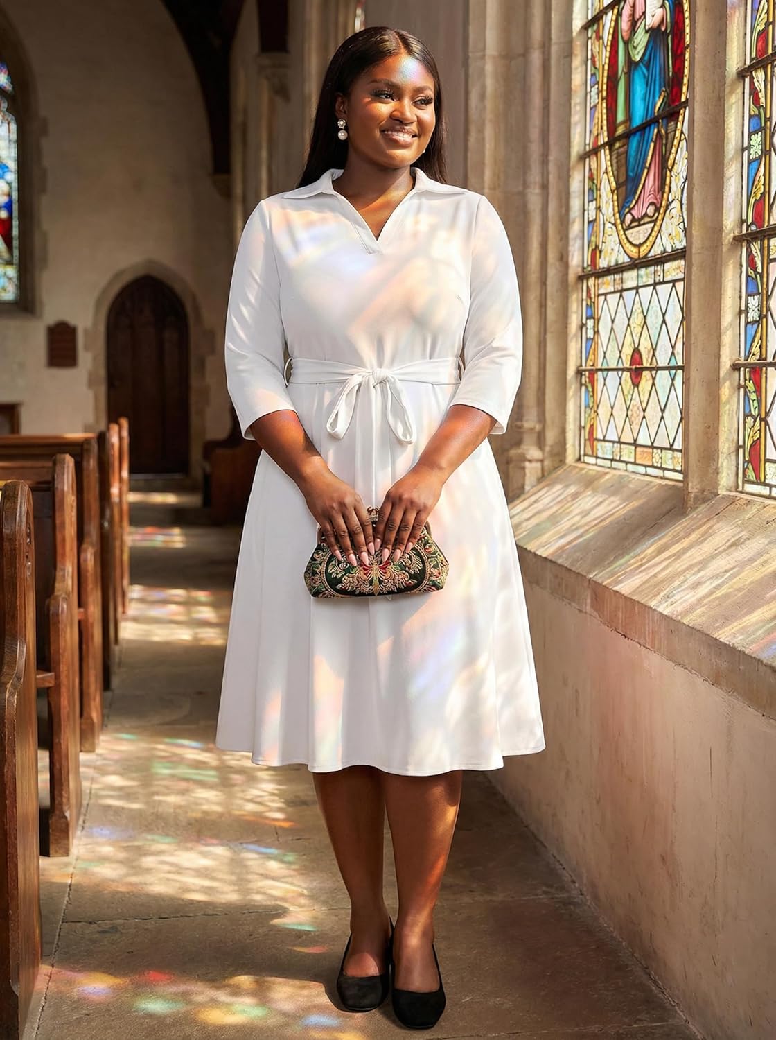 FANDEE Plus Size Midi Dress for Women - Printing Summer Dresses for Wedding Guest Cocktail Party 3/4 Sleeve V Neck（L-5XL） - Image 14