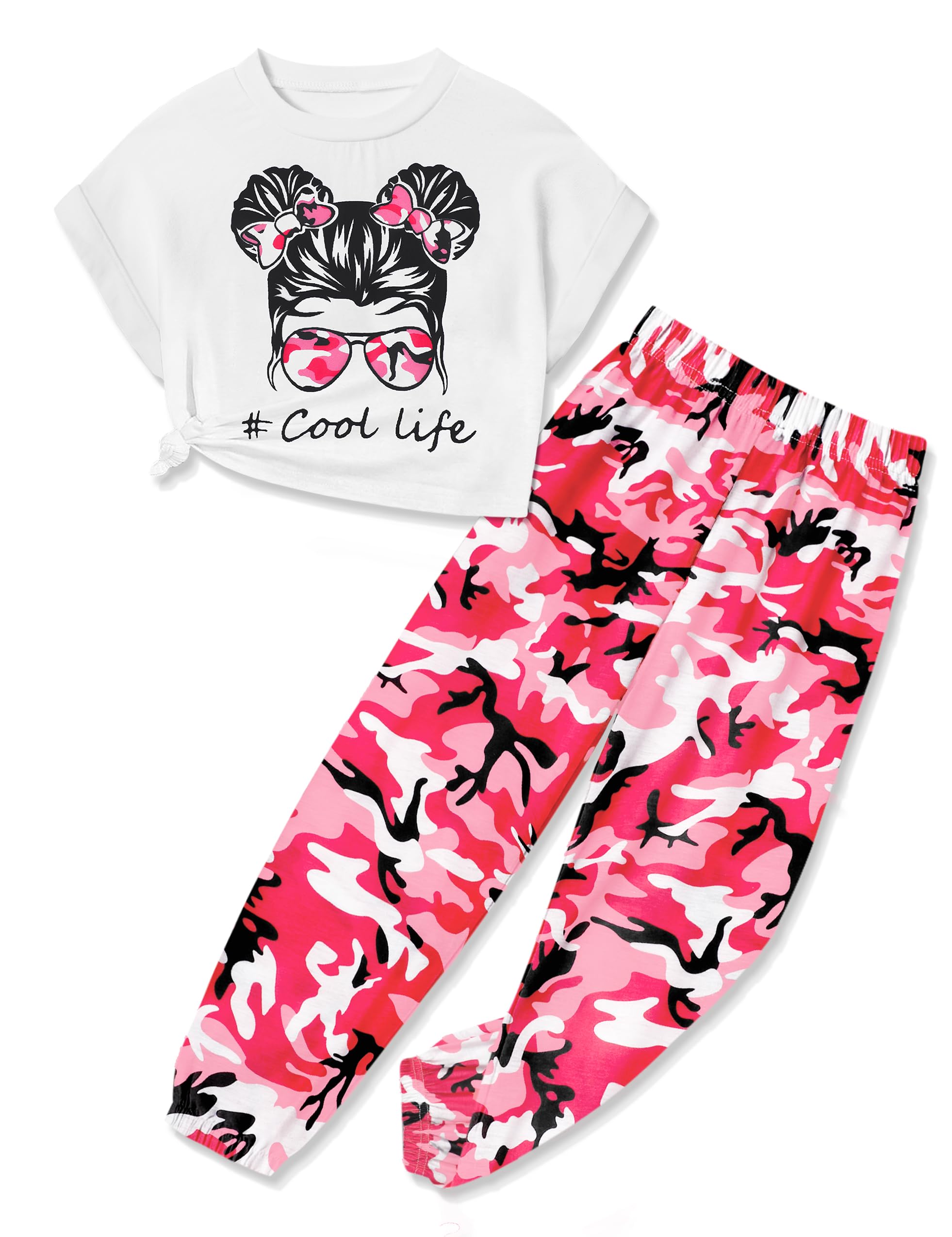 CRISONE Girls 2 Piece Outfits Kids Clothes Cute Cool Girl Crop Tops + Camouflage Pants Summer Clothing Sets