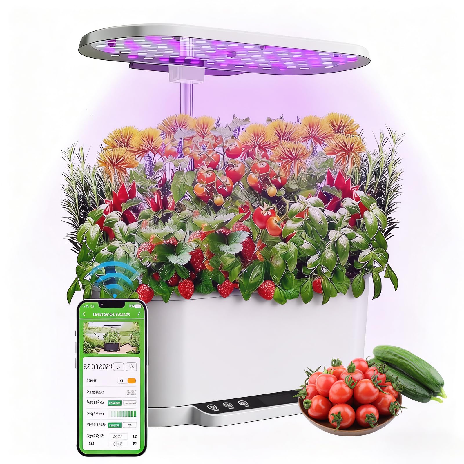 Kit de culture hydroponique Wi-Fi et application - 15 trous de plantation - Système d'éclairage LED de 36 W et écran LCD - Réservoir d'eau de 6 litres - Hauteur réglable - Femme