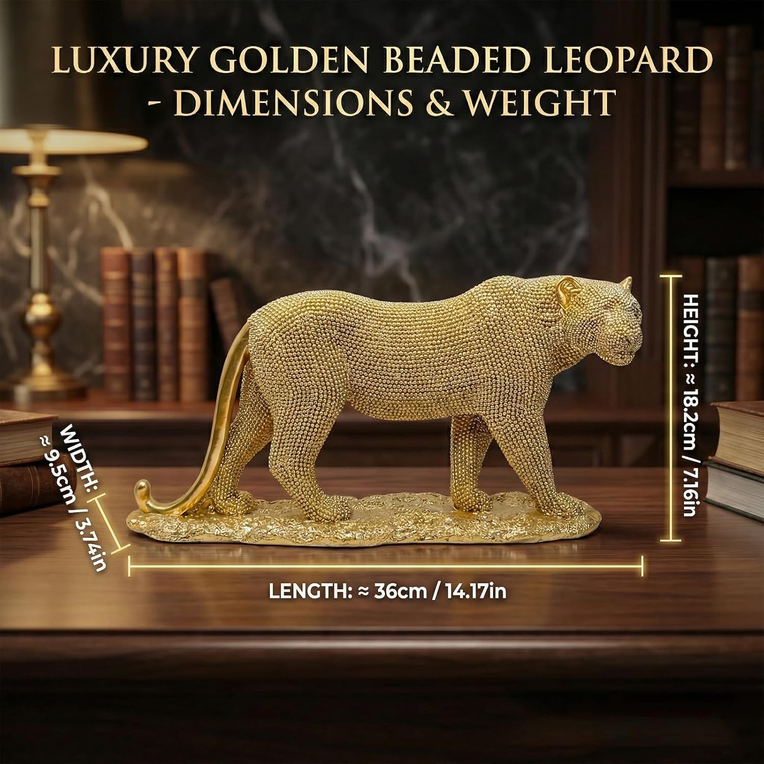 Gold Leopard Statue, 14.17" Beaded-Look Cheetah Sculpture with Non-Slip Pads, Hand-Textured Dot Beads & Spray Painted Finish, Shelf Mantel Console Decor（Gold）