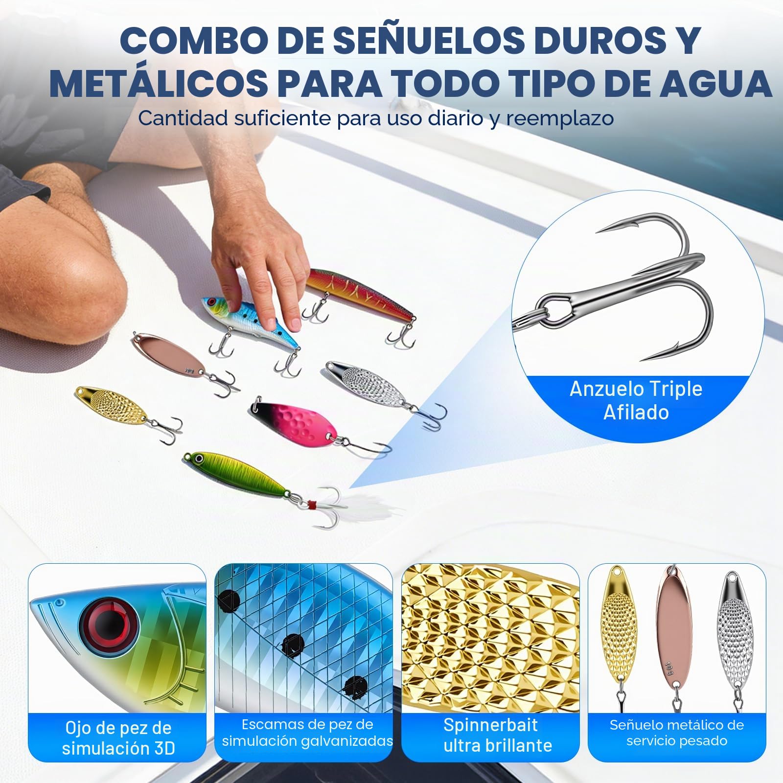 Juego de accesorios de pesca de 460 piezas con caja de cebo, juego de señuelos de pesca y juego de herramientas con clips de labios, removedor de ganchos, intermitentes de cuchara, spinner, jigs