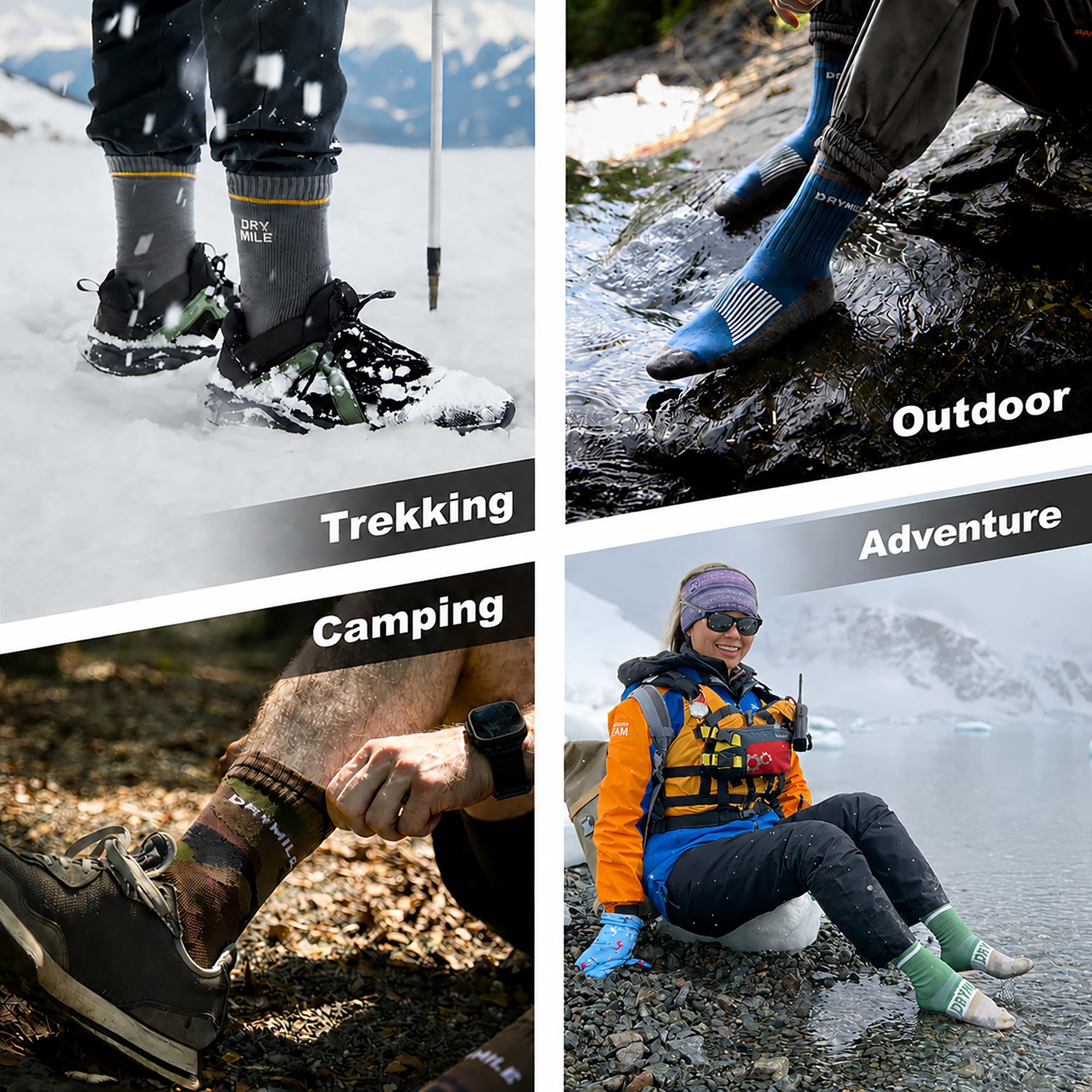 DRYMILE Slim Waterproof Socks, Soft Charcoal Yarn, Optimized Breathability and Odor Control, All-Season Outdoor Activities - Crew (L, Charcoal and Khaki)