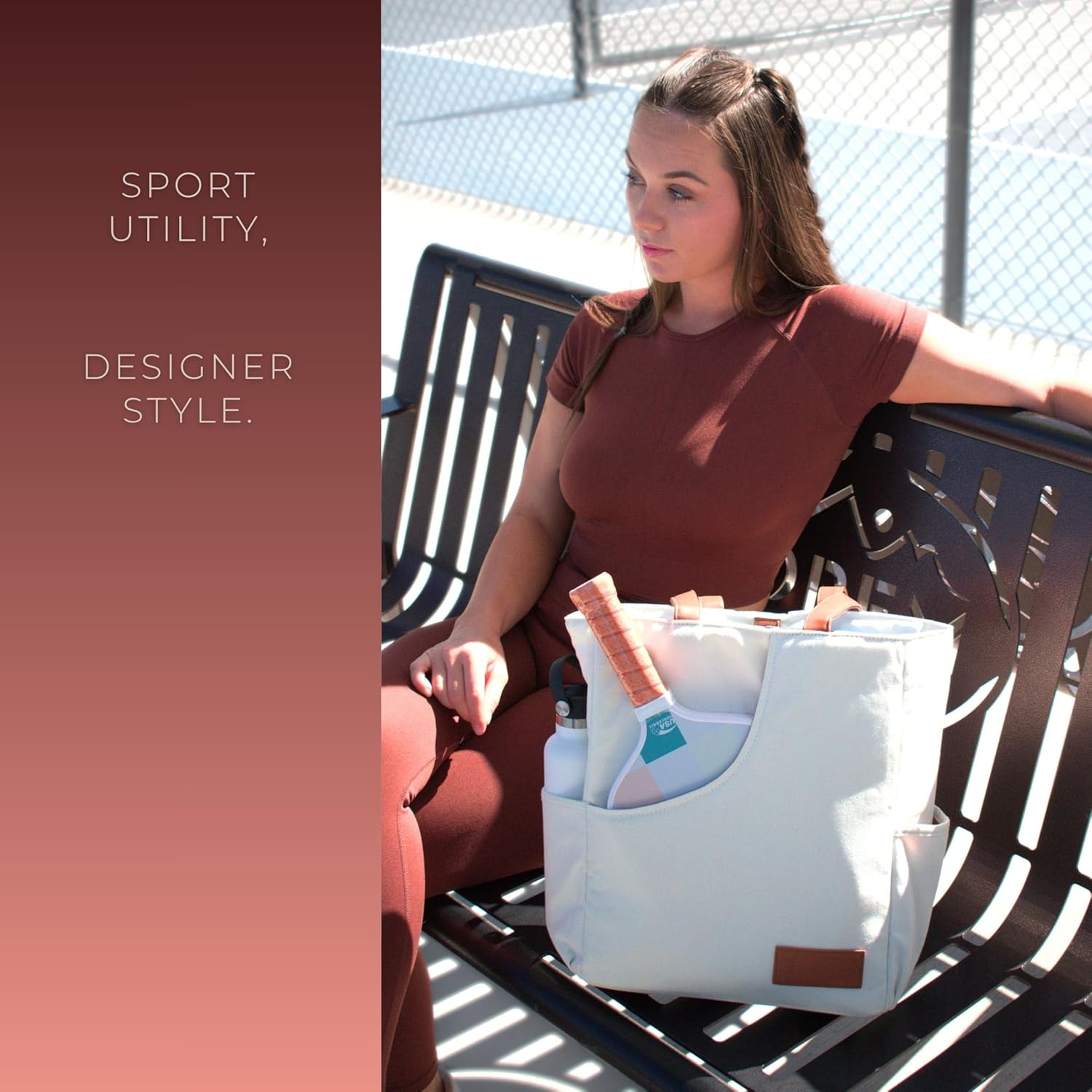 Designer Pickleball Bags for Women | Canvas & Vegan Leather Pickle Ball Tote Bag with Cover Pockets for 4 Paddles | 12"x14"x5.5" Medium Tote Bag with Paddle Pocket & Fence Hook