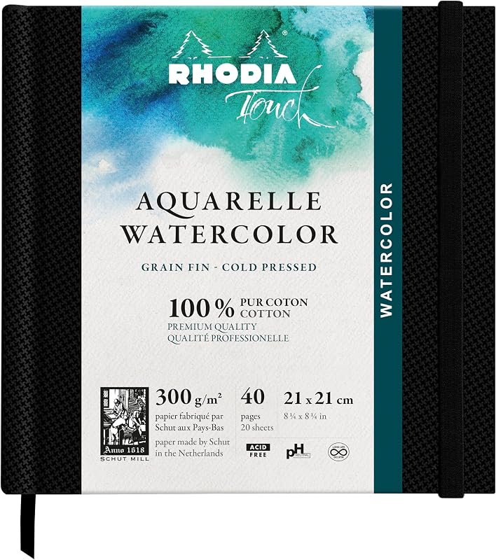 RHODIA TOUCH 116143C - Carnet aquarelle 100 % coton - grain fin - 300 g/m² - 21x21 cm - 40 pages non microperforées - Brochure rigide Watercolor Book