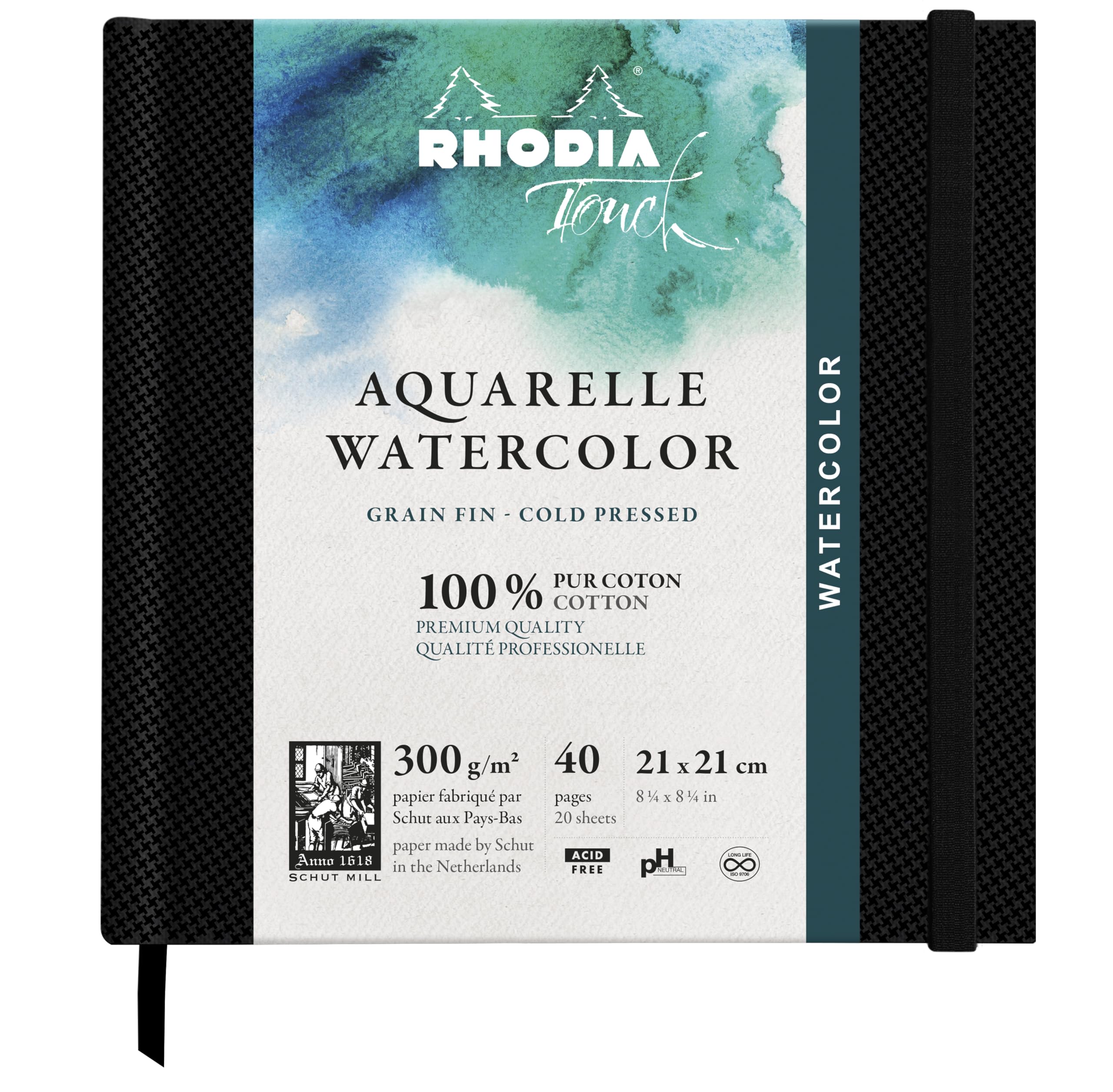 RHODIA TOUCH 116143C - Watercolour notebook 100% cotton - fine grain - 300 gsm - 21x21cm - 40 non-microperforated pages - Watercolour Book hardcover Notebook