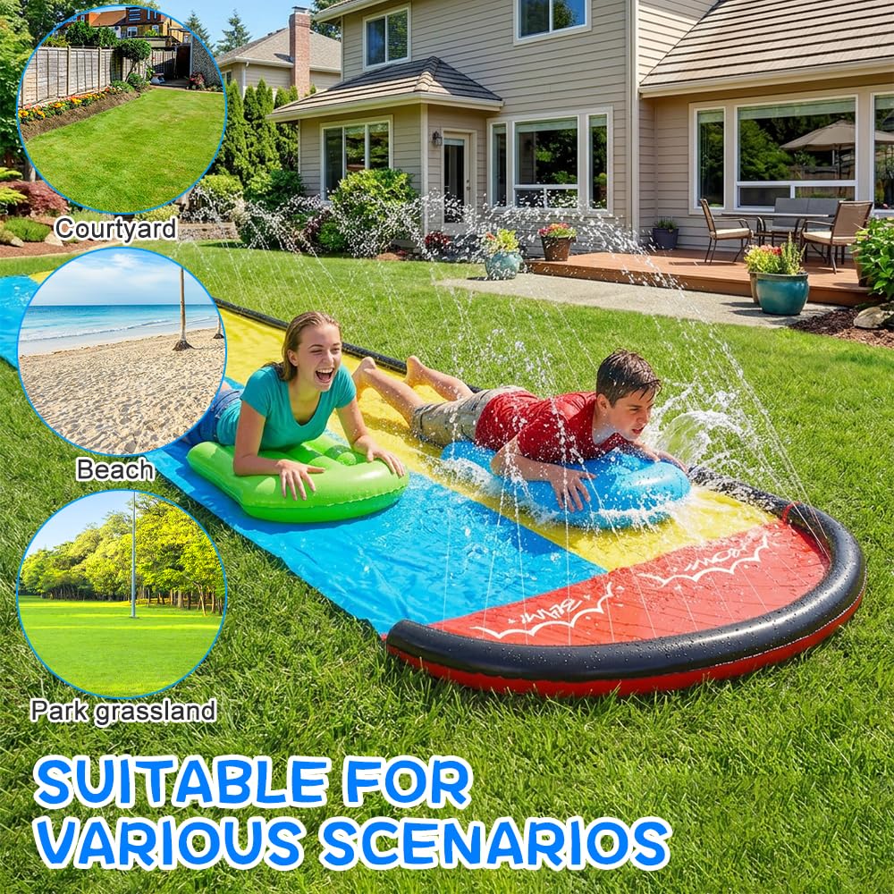 Double Wasserrutsches mit 2 Bodyboards, 19.6ft/600cm Wasserrutsche Garten für Kinder, Wasserrutsche mit Sprinkler Sommer & Splash-Pool, Wasserspielzeug Kinder Outdoor, Gartenspielzeug