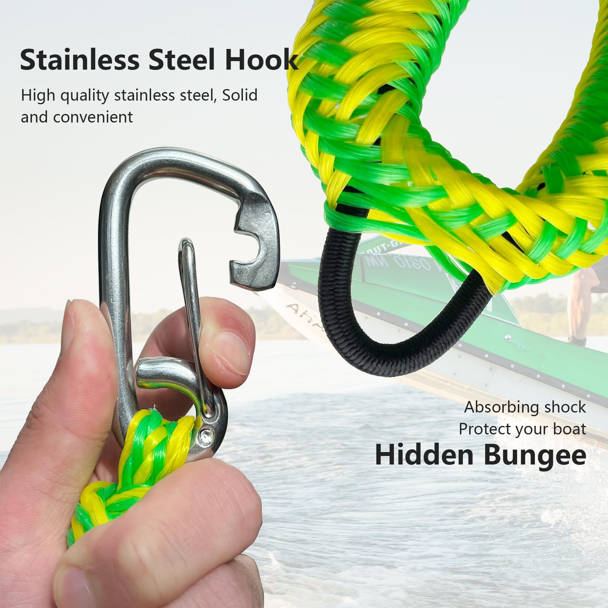 Lot de 2 cordes d'amarrage élastiques pour bateau avec double clips en acier inoxydable 316 pour basses, jet ski, kayak, ponton, embarcation, Waverunner, SeaDoo, canoë, vert