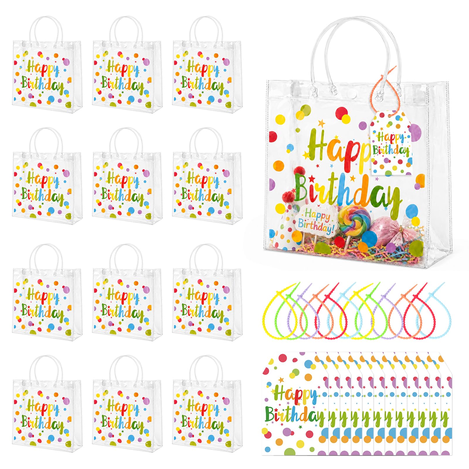 jijAcraft 12Pcs Clear Happy Birthday Gift Bags with Handles, Polka Dots