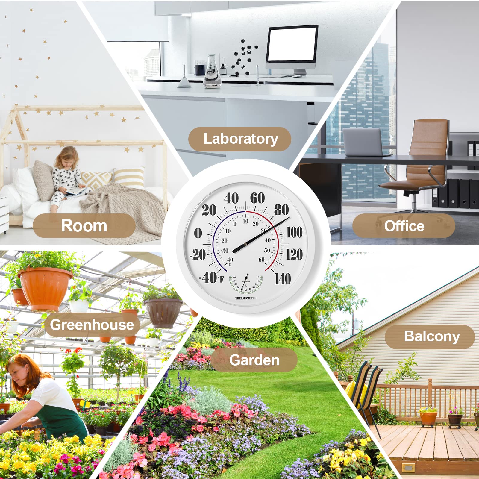 Termómetro de pared para interiores y exteriores, termómetro de números grandes, sin batería, 10 pulgadas, higrómetros digitales para el hogar, jardín, decoración de patio exterior (blanco)
