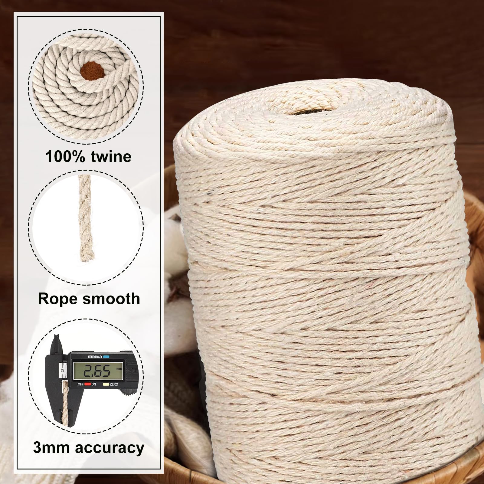 HOVIBU Filo Macramè, 3mm x 300m Corda Macramè in Cotone Premium Beige, Macrame Corda Morbido, Macramè Filo per Artigianato, Piante Sospese, Decorazioni Bohémien, Arazzi, Appendini per Piante
