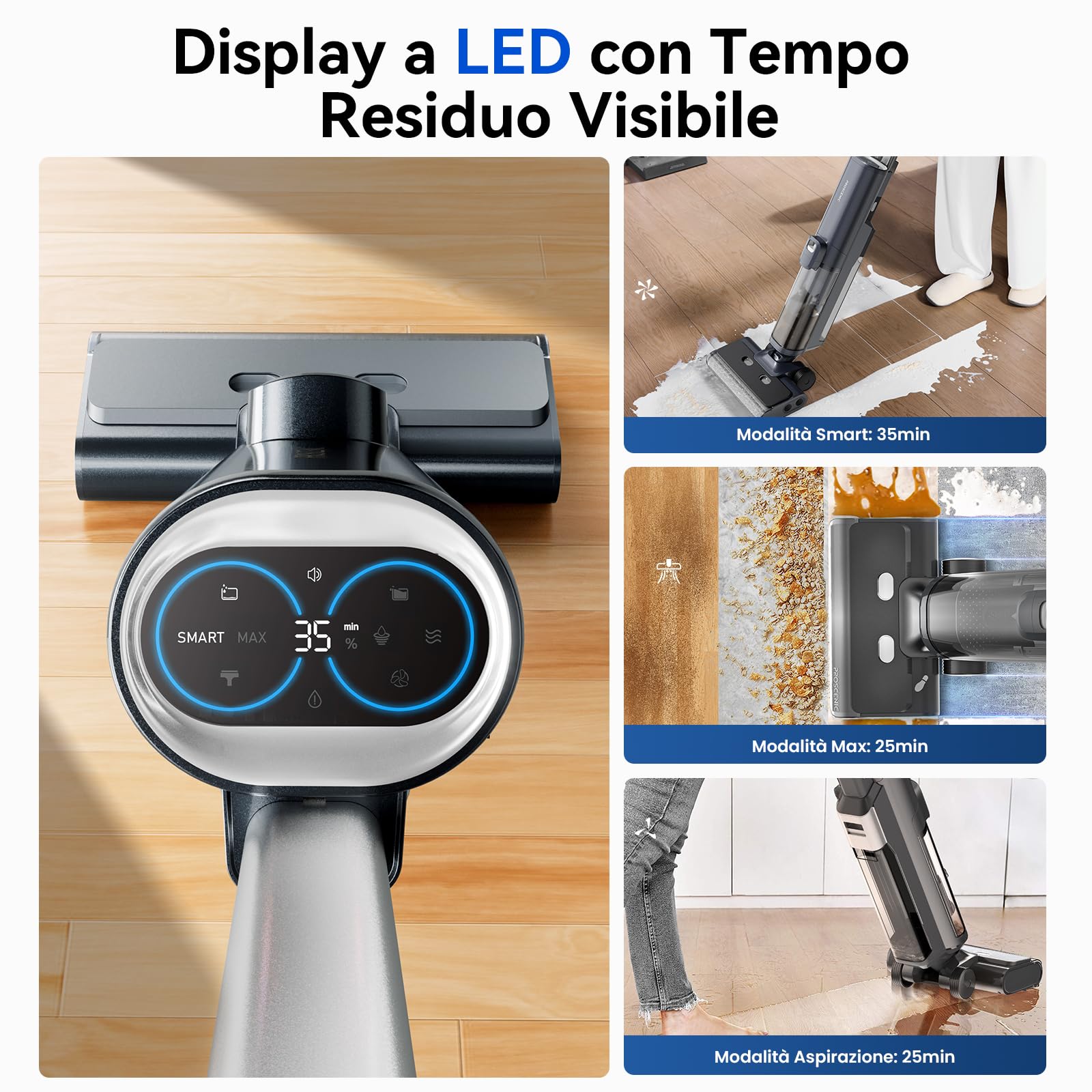 Proscenic F20A Aspirapolvere senza fili, aspirapolvere per solidi e liquidi, serbatoio da 2 litri, autopulente, leggero, display a LED, per la pulizia di sporco appiccicoso, pavimenti duri