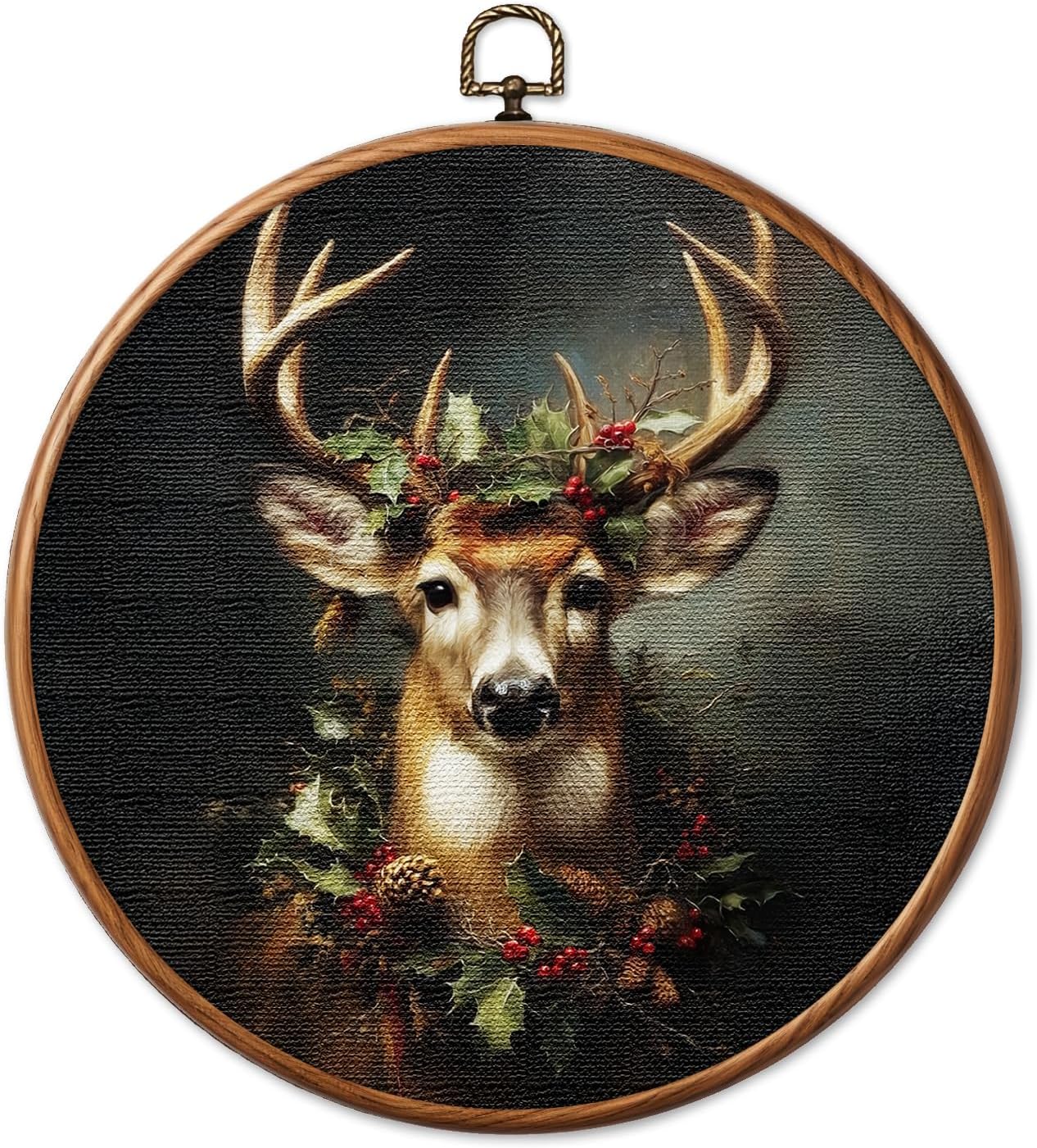 Chicimln Christmas Deer Framed Canvas Prints,Vintage Moody Christmas Reindeer Round Wall Art, Dark Academia Wall Decorations , Rustic Xmas Holiday Circle Wall Hanging Decor for Home Bedroom Living Room 10x10 Inch Christmas 02