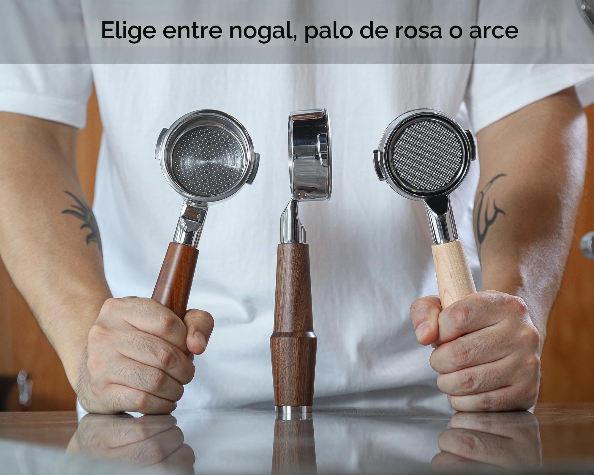 Portafiltro sin fondo compatible con máquinas Sage y Breville de 58 mm, mango de palisandro y cesta de doble disparo, para caldera doble, Oracle, Oracle Touch