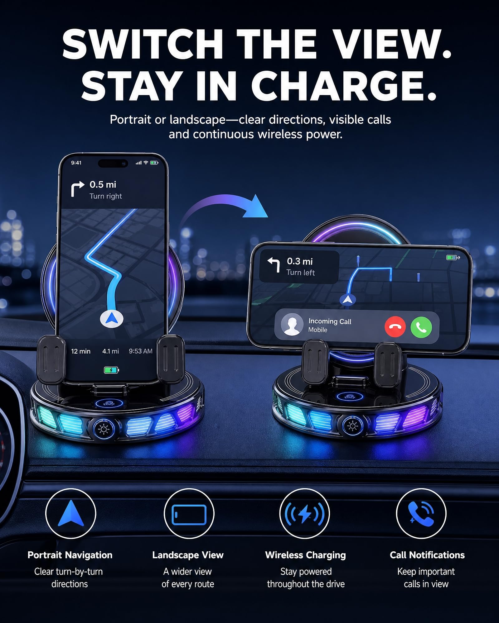 Soporte giratorio de 360° para teléfono de coche con carga