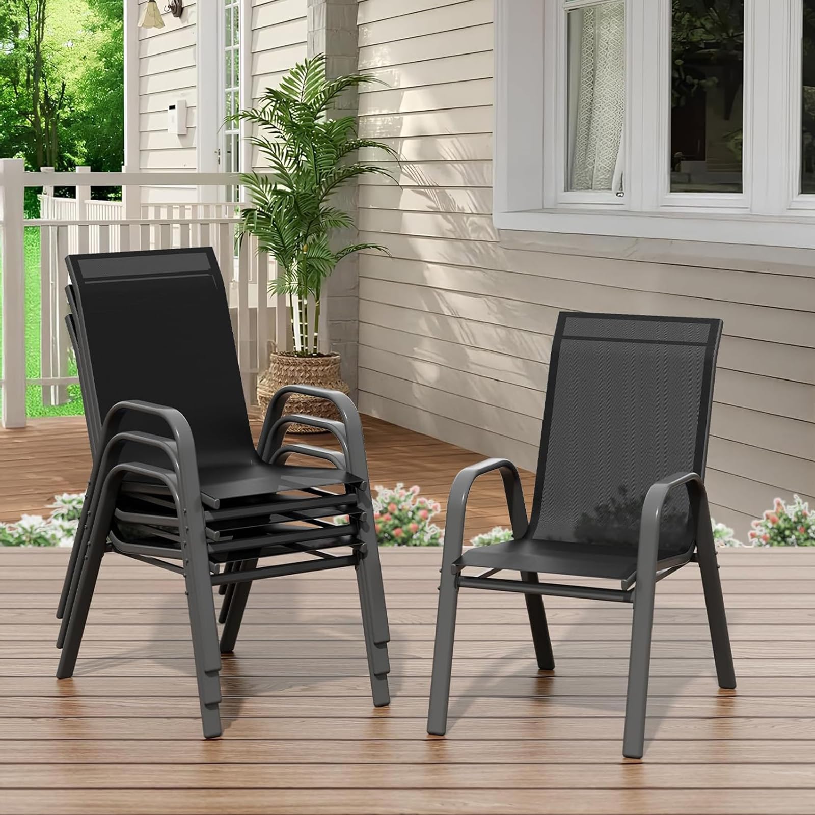 Gartenstühle 4er Set, Stapelbarer Gartenstuhl aus Textilene, Wetterbeständig und Schnelltrocknend, Terrassenstuhl Gartensessel bis 150 kg Belastbar für Garten Balkon Terrasse Outdoor