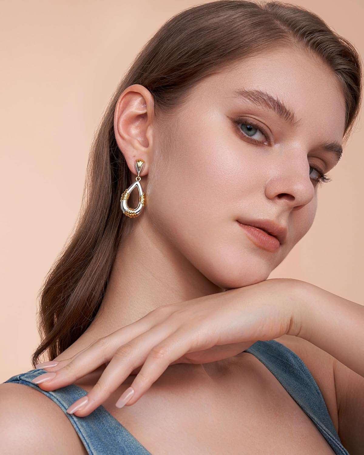 18K Gold Plated Silver Plated Two Toned Floral Dangle Drop Ribbed Pattern Statement Earrings for Women by SNGIA, Chunky Geometric Oval Bold Retro Handmade Mixed Metal Trendy Twisted Flower Bohemian Jewelry Gifts, Modern Unique Baroque Summer Beach Fashion Costume Earrings Accessories, Vintage Elegant Nickle Free Huggies Studs. - Image 2