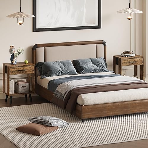 Miniatura 6 de GYIIYUO - Juego de 2 mesitas de noche con cajones de tela y estantes abiertos - Mesas auxiliares rústicas para dormitorio