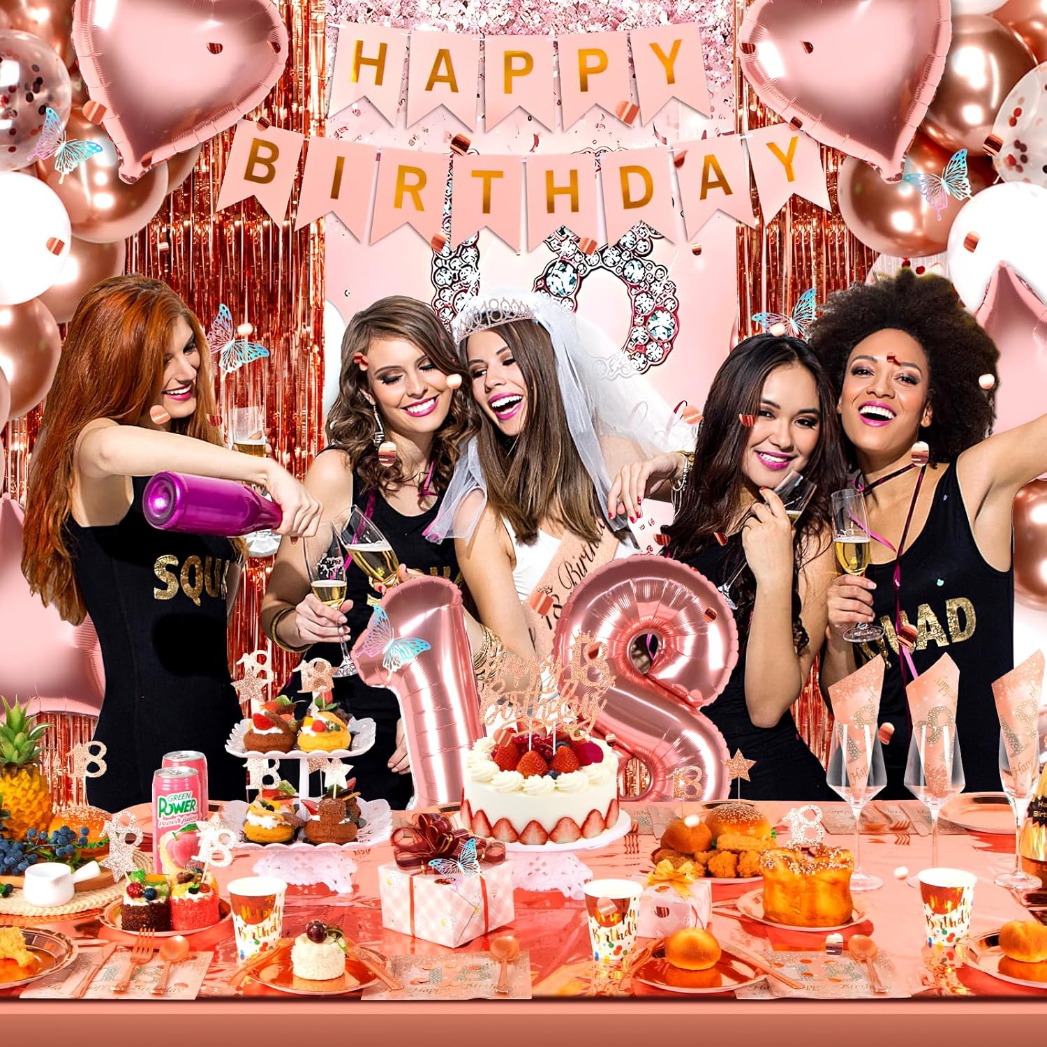 18th Birthday Decorations for Girls, Rose Gold Party Decorations Include Balloons, Backdrop, Curtains, Banner, Sash, Crown, Tablecloth, Plates, Cake Toppers for Women Girls Princess Queen Party - Image 7