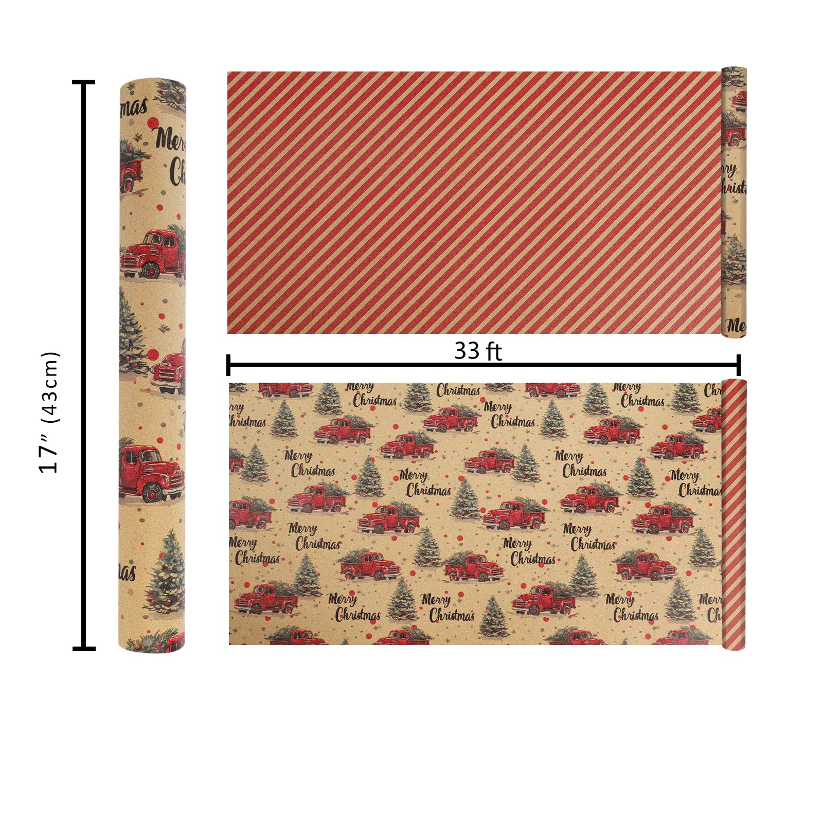 BIOBROWN Wendbares Kraftpapier-Weihnachtsgeschenkpapier, 43,2 x 100 cm, Vintage-Truck-Design, perfekt für Weihnachten, Party, Urlaub, Geschenkpapier