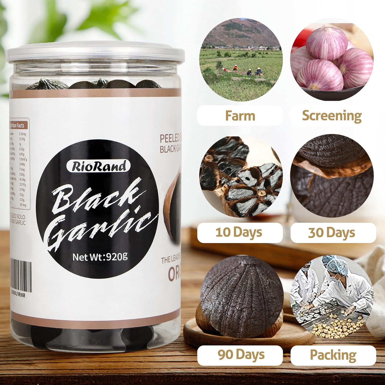 RioRand Black Garlic 920g Whole Peeled, 90-Day Aged 2.02 Lbs Jar, No Added Preservatives, Ready to Eat