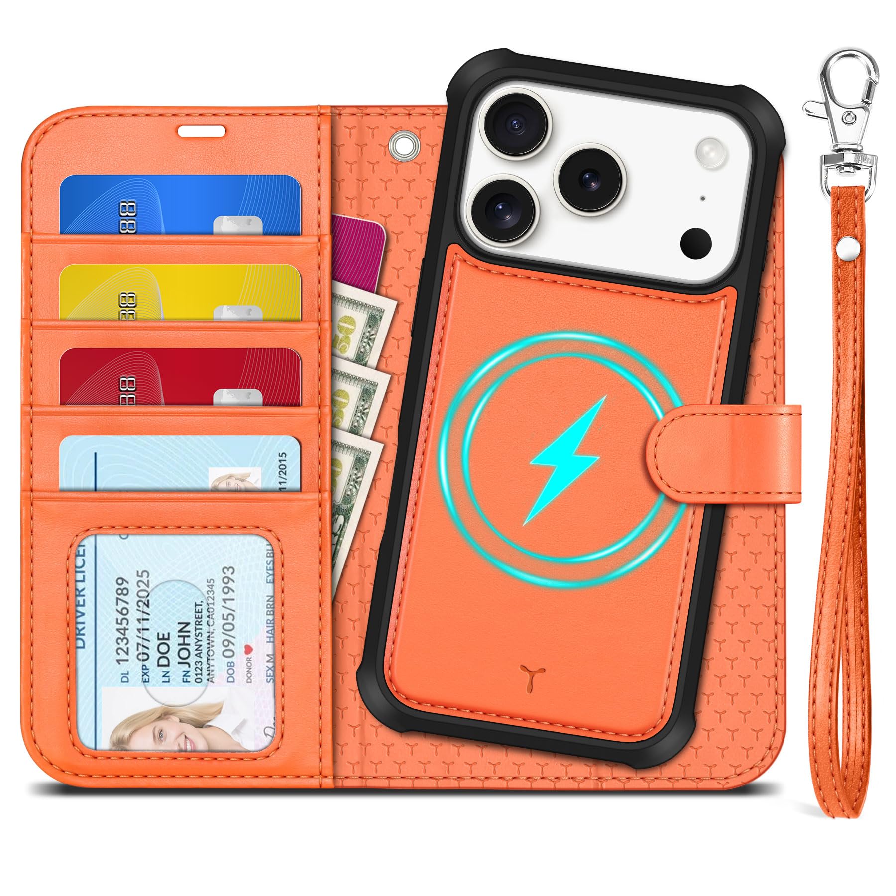 TUCCH Cover 2 in 1 per iPhone 17 Pro 6,3-pollici 5G 2025 [Blocco RFID] | Custodia Pelle PU Antiurto Portafoglio [Slot Schede] Cinturino Rimovibile Flip Cover Cavalletto Magnetica, Arancione Cosmico