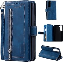 EYZUTAK Wallet Phone Case for Samsung Galaxy S22 5G, Retro Matte 9 Card Holder Slots Zipper Pocket Case PU Leather Magnetic Closure Kickstand with Wrist Strap Folio Flip Case - Blue