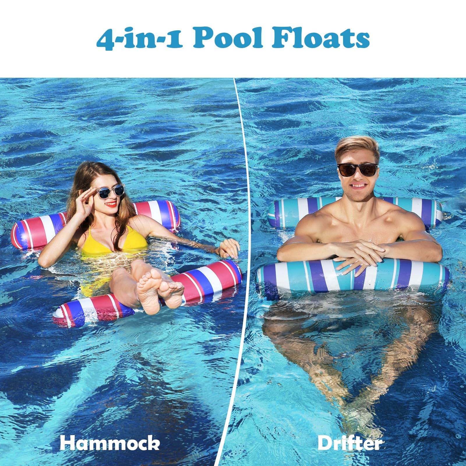 2 Pack Pool Floats Adult - 4-in-1 Pool Floats Hammock, Drifter, Lounge Chair, Saddle, Multi-Purpose Inflatable Non-Stick PVC Material Pool Float for Adult Vacation