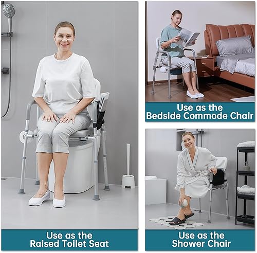 Miniatura 3 de ELENKER Asiento de inodoro elevado 4 en 1 con reposabrazos y respaldo, silla de mesita de noche, marco de seguridad de inodoro ajustable, silla de