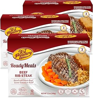 KJ Poultry Kosher Ready Meals - Beef Rib Steak & Kugel, MRE Meat Meals Ready to Eat, Shabbos Food (3 Pack) Prepared Entree Fully Cooked, Shelf Stable Microwave Dinner Travel Military Camping Survival