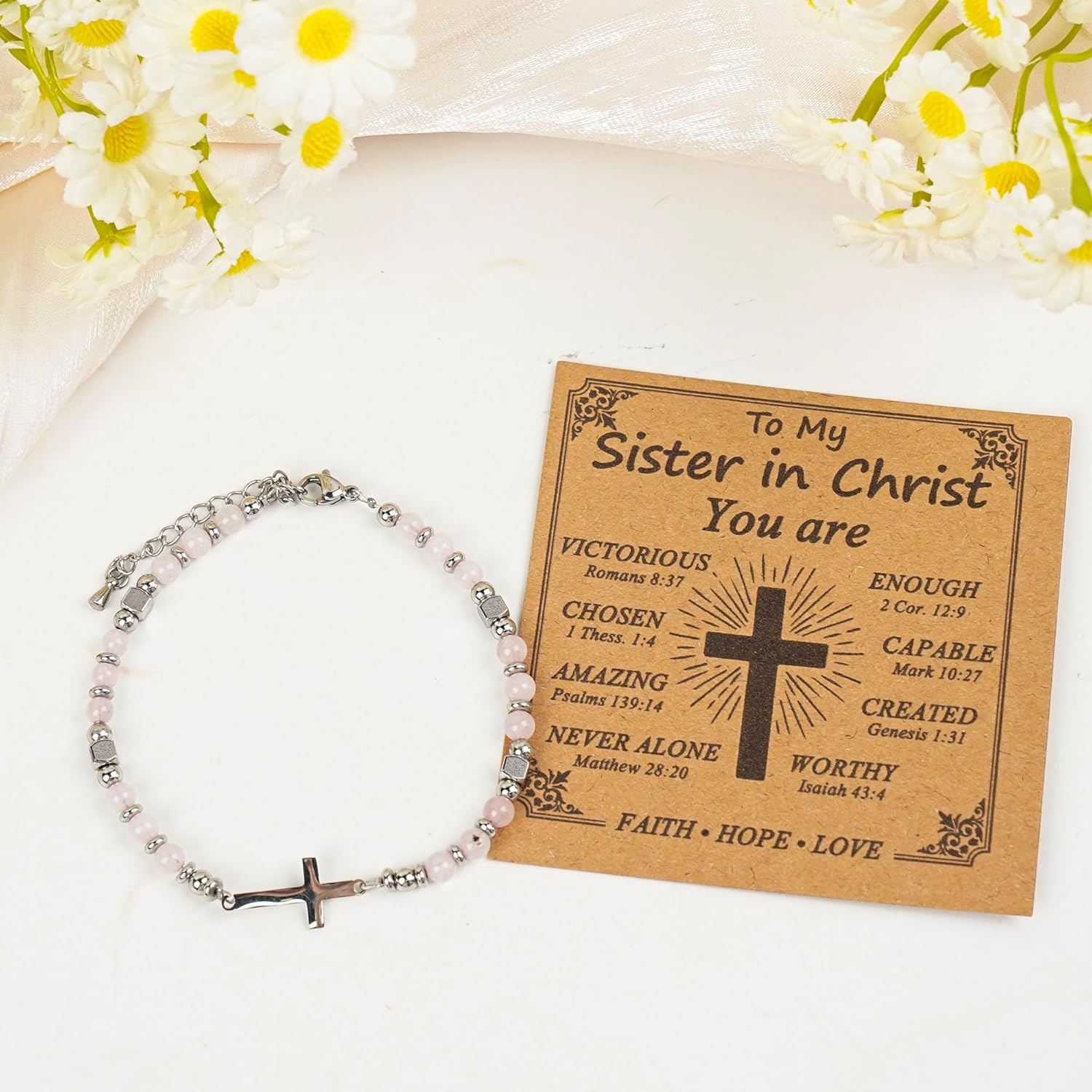 Bozidol Christian Gifts for Women, Pink Sister in Christ Cross Beaded Bracelet Jewelry, Religious Christmas Easter Confirmation Baptism Birthday Graduation Faith Based Gifts for Her - Image 4