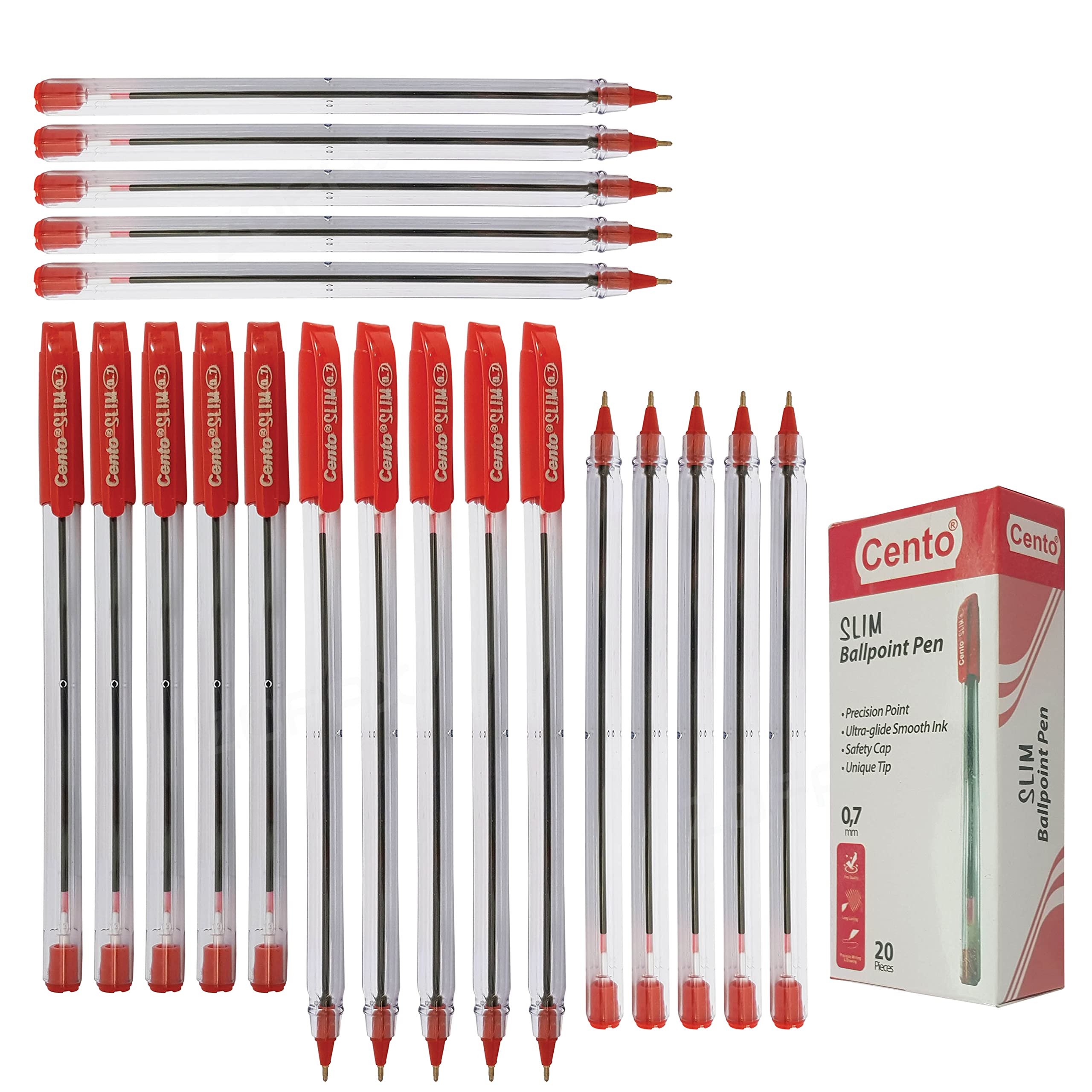 CENTO Slim Ballpoint Pens, RED, Fine Point (0.7mm), Pack of 20, Comfortable and Super-Durable Smooth Ball Pens, School Office Business Stationary Supplies, iZOFAX Black Ball Pen