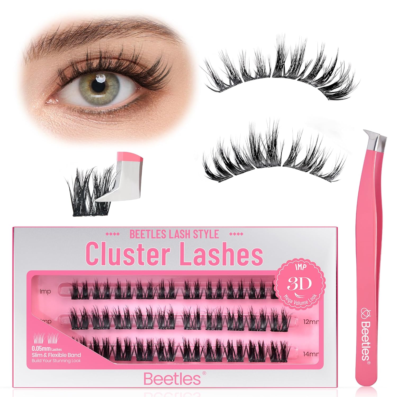 Beetles Lash Clusters 10-14mm Cluster Eyelash Extensions 3D Dramatic False Eyelashes D Curl Eyelash Clusters 30pcs Individual Lashes