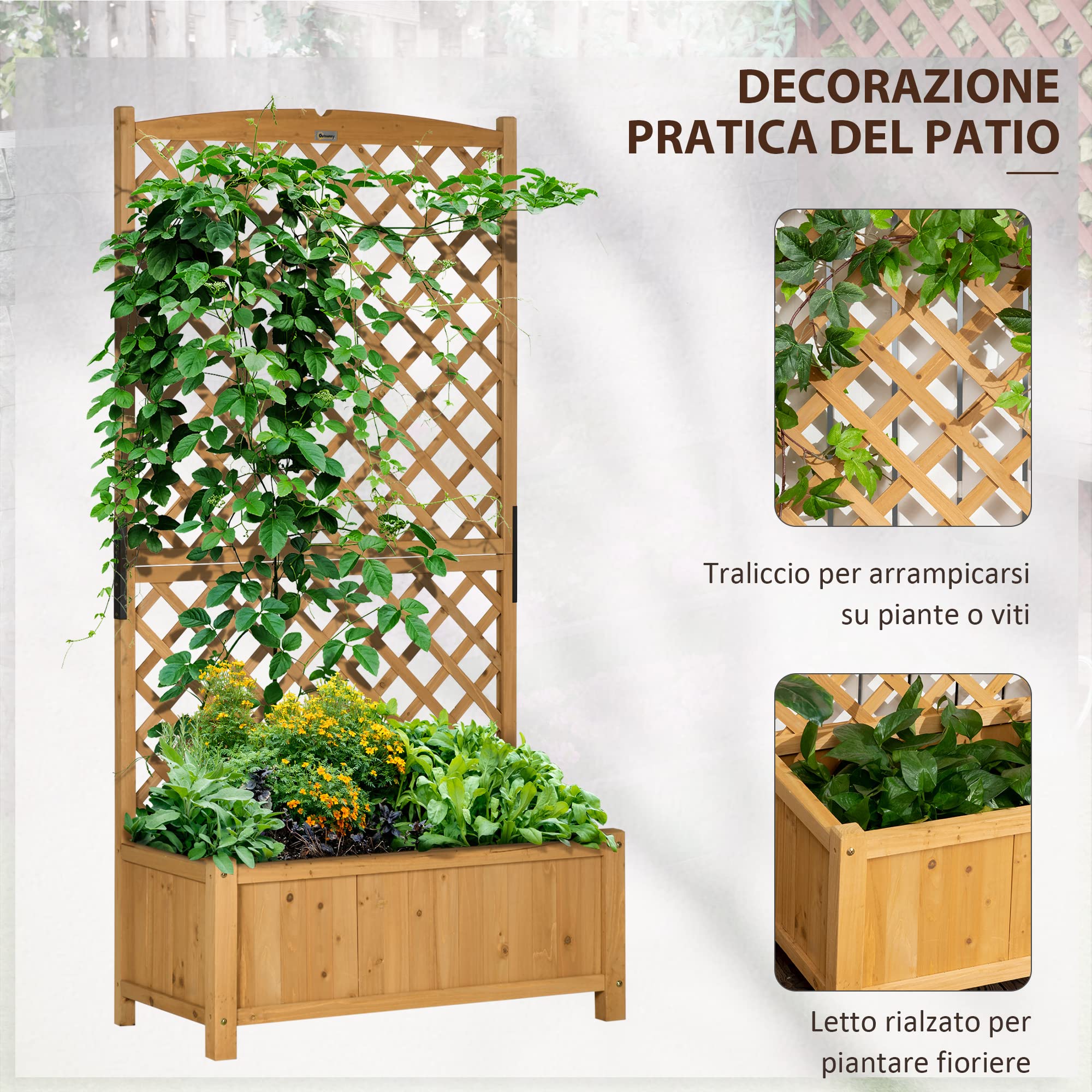 Outsunny Letto per Orto Rialzato da Esterno con Grigliato, Fioriera da Esterno con Fori di Drenaggio in Legno di Abete, per Fiori e Verdure, per Giardino e Balcone, 90x45x180 cm, Giallo