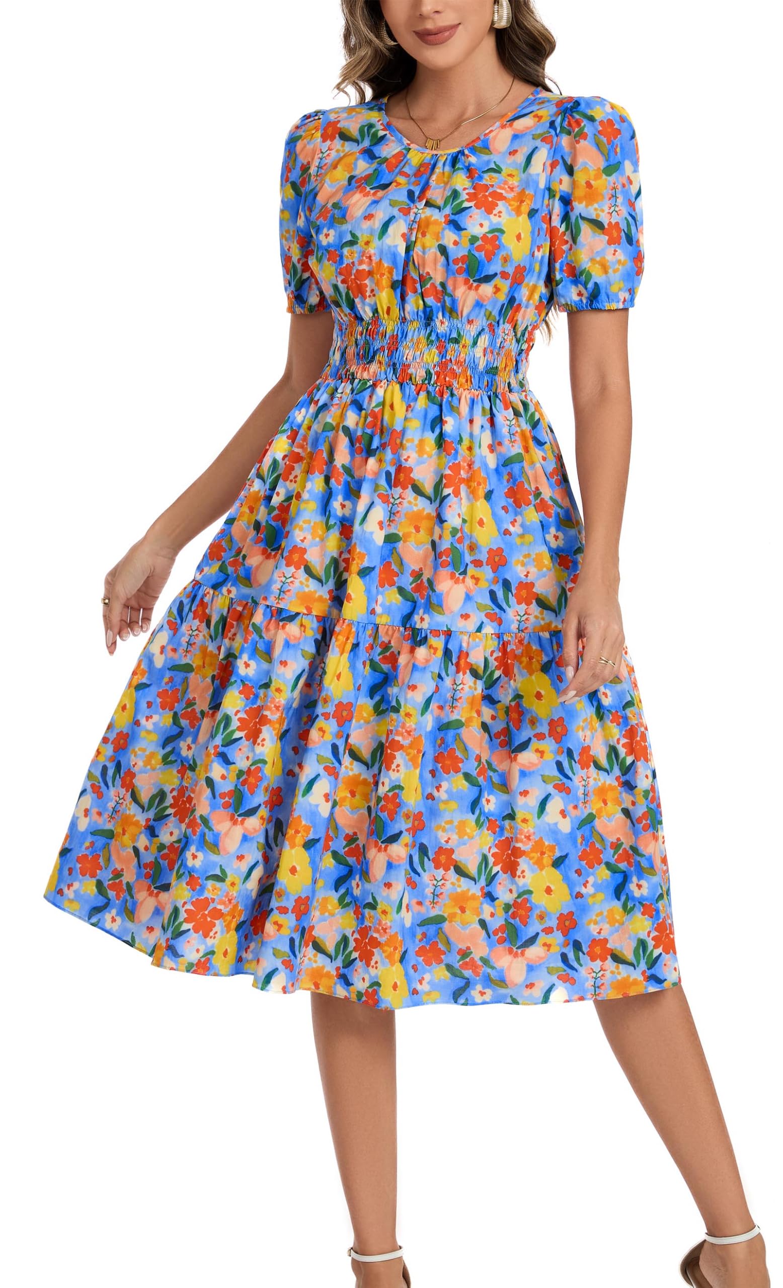 Kormei Women Summer Casual Boho Floral Round Neck Short Sleeve Smocked Waist Tiered Flowy Swing Midi Dress