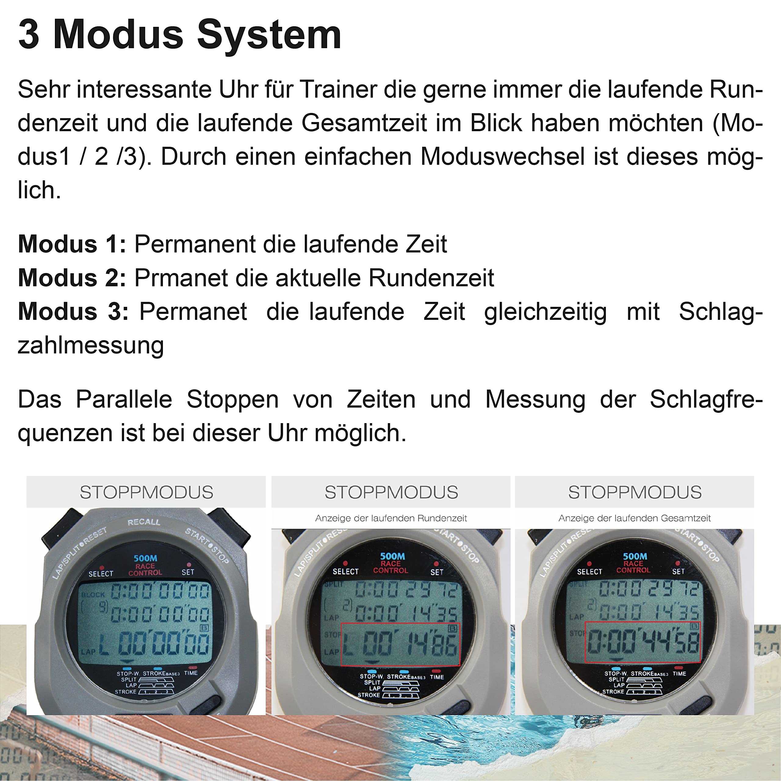 Stoptec Cronometro 496 Display 3 Righe 500 Memoria Misurazione Frequenza Corsa Controllo Gara Ora Data Antispruzzo