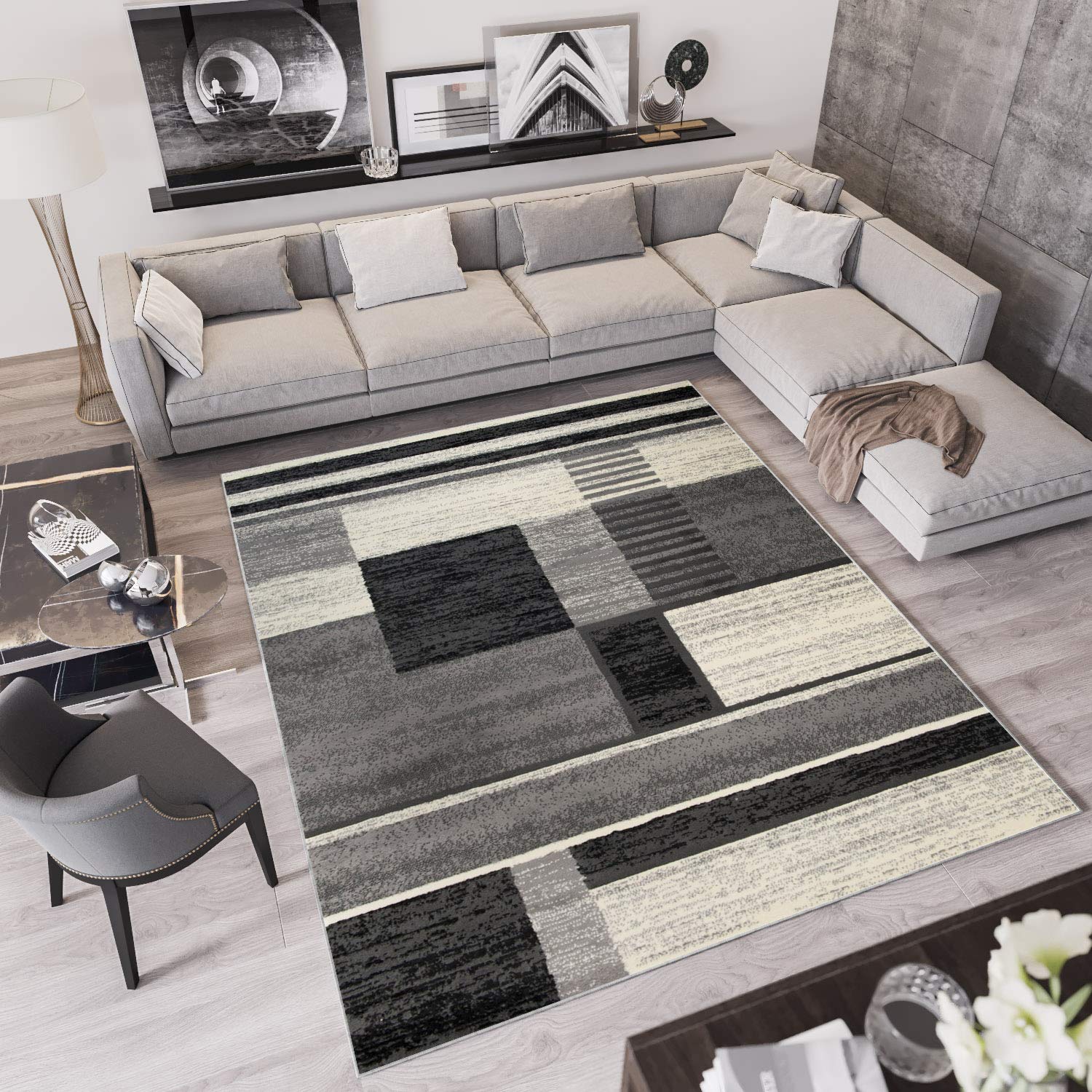 Tapiso QMEGA nowoczesny dywan z krótkim włosiem, melanż, czarno-szary, kremowy, abstrakcyjne paski, kwadratowy wzór, do salonu, sypialni, Ökotex 250 x 300 cm
