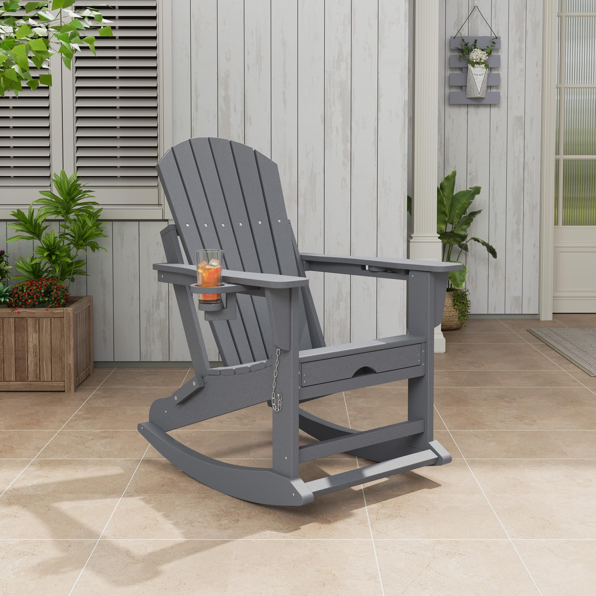 GarveeTech Silla Mecedora Adirondack Plegable para Patio y jardín - Reposapiés y 2 portavasos retráctiles - HDPE Resistente al Clima - Ideal para terraza y Porche - Color: Gris