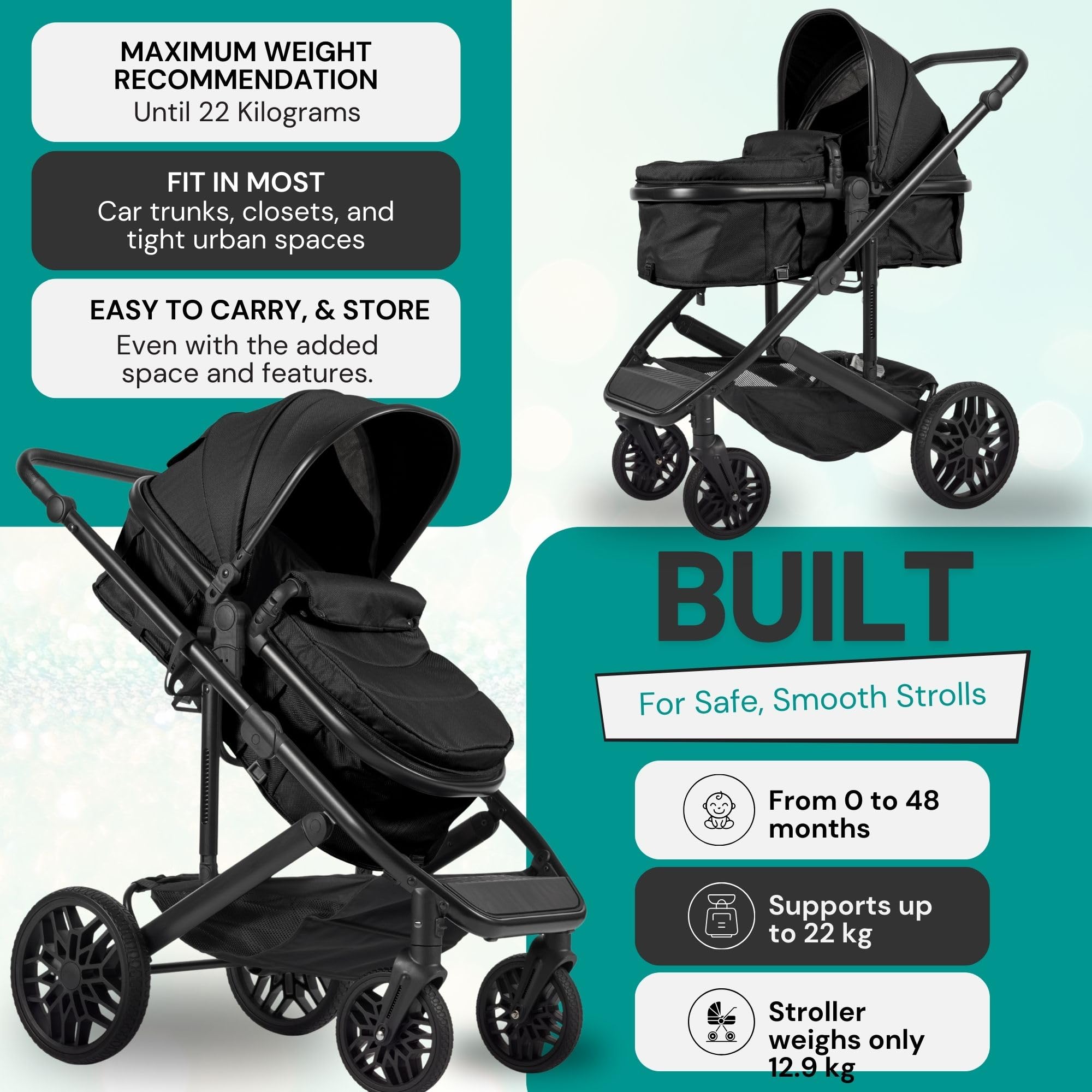Lejoux Avant Baby-Kinderwagen-Reisesystem faltbarer Kinderwagen mit Babywanne 5-Punkt-Gurt verstellbarem Sitz übergroßem Korb Einhand-Faltung Schwenkräder Regenschutz Black