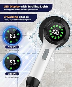Lxlu Electric Spin Scrubber, Cordless Cleaning Brush, Bathroom Shower Scrubber with 7 Replaceable Brush Heads, 2 Adjustable Speeds, Extension Handle, IPX7 Waterproof for Tub Tile Floor Car, White-o2.