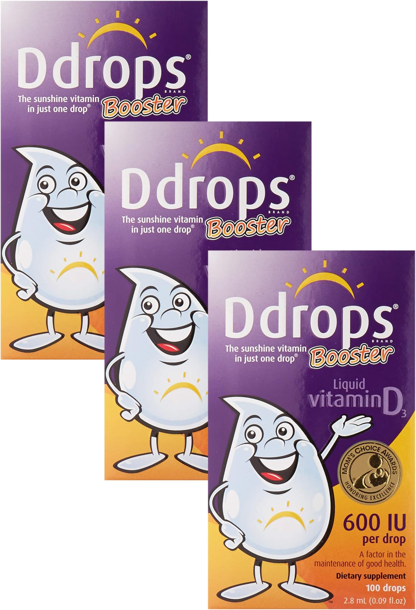 Ddrops Kids Booster 600IU 100 Drops - Daily Liquid Vitamin D for Kids. Support Strong Bones & Immune System in Children. No Preservatives, No Sugar, Non-GMO, Allergy-Friendly (Pack of 3)