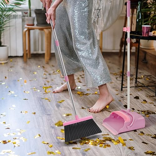 Miniatura 5 de Juego de escoba y recogedor Kelamayi para el hogar, oficina, limpieza interior y exterior, escoba y recogedor de pie (Rosa)