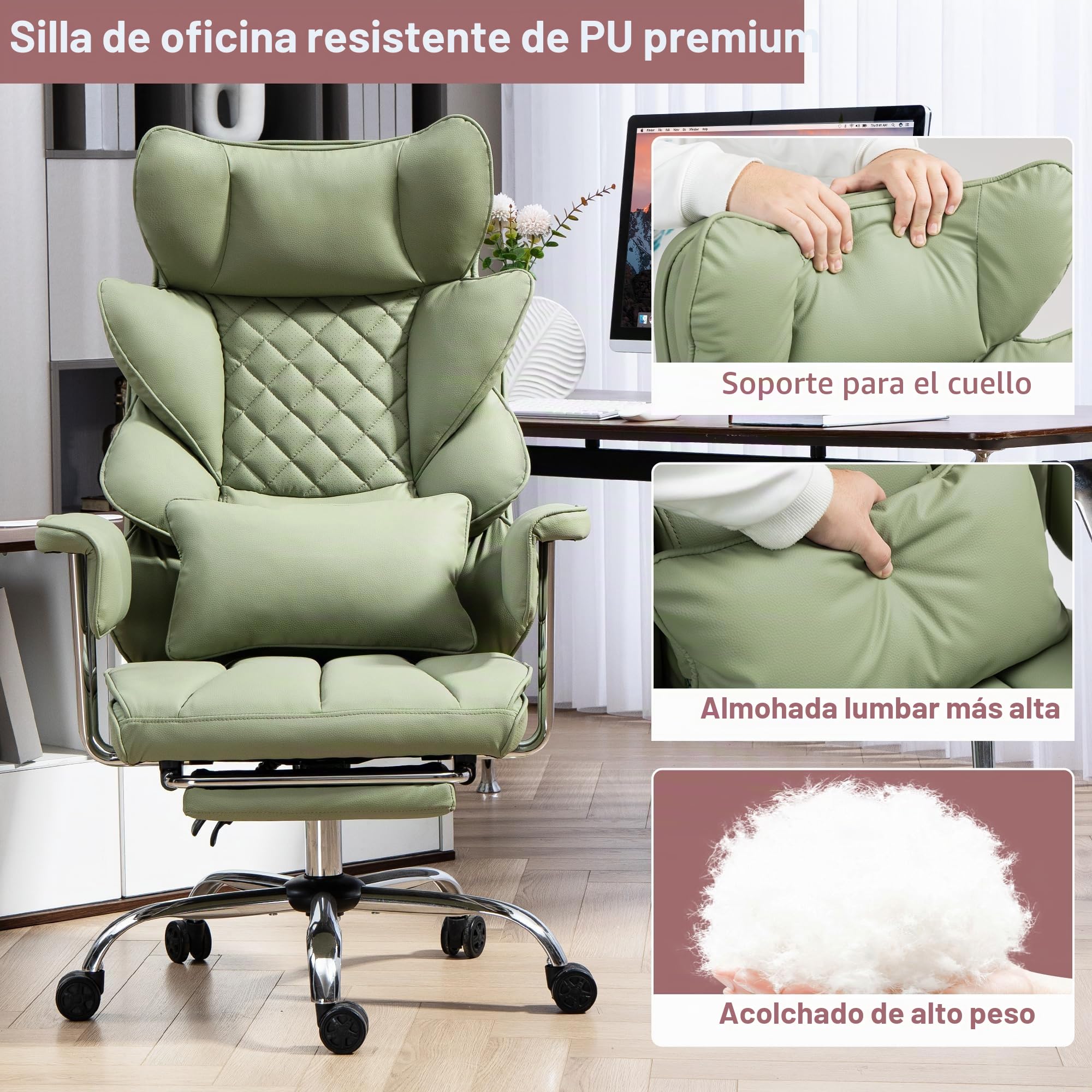 Silla de Oficina con Reposapiés - Silla Ergonómica para Gaming y Ejecutivos, con Giro de 360°, Respaldo Ajustable de 90°-135° y Reposabrazos Suaves para Máxima Comodidad (Verde)