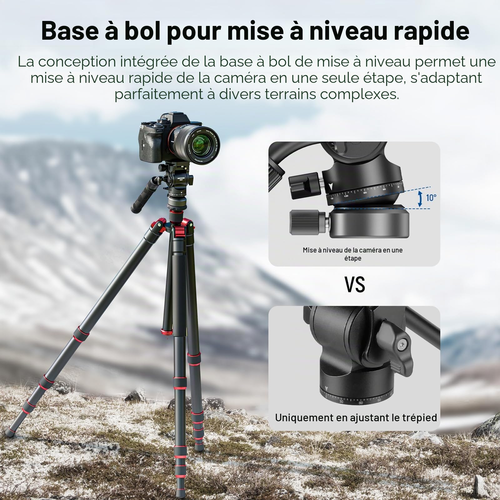 NEEWER GM27 Tête Fluide pour Trépied Vidéo avec Base de Nivellement +/-10° 37 mm, Plaque à Dégagement Rapide Type Arca, Poignée Télescopique