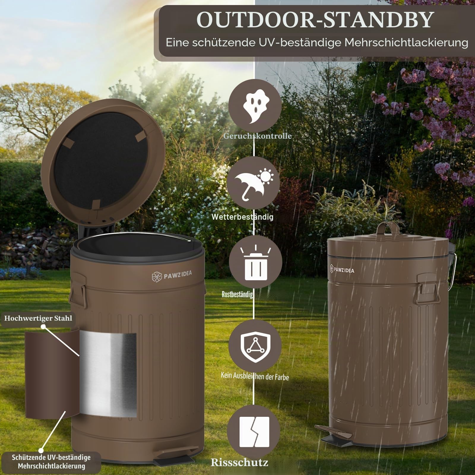 PAWZIDEA Hundekot Eimer Geruchsdicht für Draußen, 12 Liter Luftdichter Hundekot Mülleimer Garten, Treteimer Katzenstreu Entsorgungseimer, Windeleimer, Stahl, BPA-frei, 20cm Geruchsfilter im Deckel